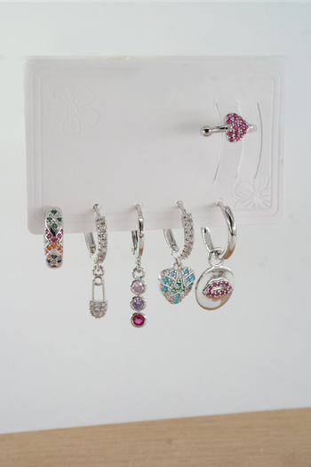 ARTEMİSİA Women's Vip Series Red Baguette Zircon Stone Ethnic Patterned Cartilage 6-Piece Earring Set