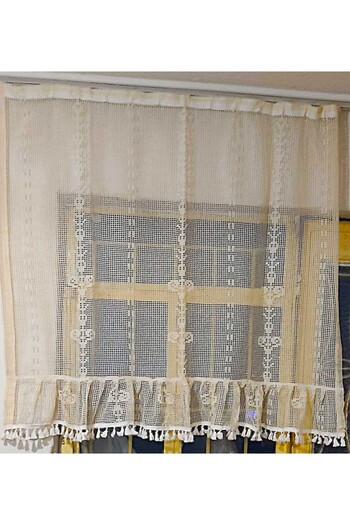 TUNCAY TEKSTİL Width X Size Macrame Ruffled Natural Tulle Curtain