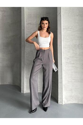 FERZOLAİO Viscose Soft Textured Anthracite Palazzo Trousers