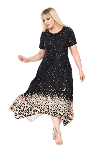 MELSAY Women's Short Sleeve Asymmetrical Black Polka Dot Hem Leopard Print Plus Size Dress