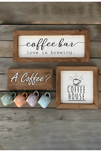 Wooden Factory Coffee Bar Coffee Corner with Cup Hanger Wall Decoration and Kitchen Ornaments, Wooden Board Set