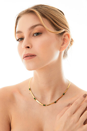 Fulla Moda Rectangular Stone Italian Chain Steel Necklace