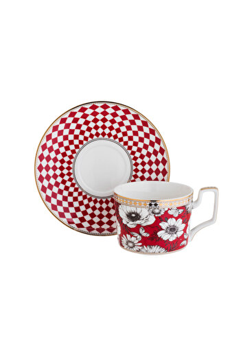 HIC Porcelain Tea Cup Set Red Color With Gold Set Of 2 Cups