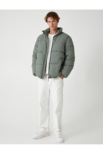 Koton Puffer Jacket Slogan Printed Zipper Pocket Detailed