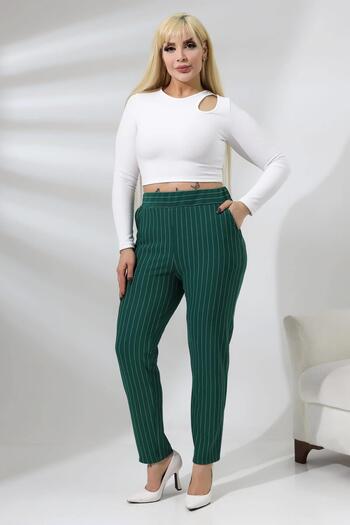 Mooi XXL Kadın Yeşil Beyaz Çizgili Esnek Krep Kumaş Pantolon