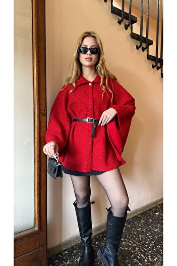 HARMONY GLOBAL Women's Red Belted Boucle Stamp Poncho