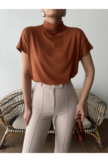 Look Forward Γυναικεία μπλούζα με πλακάκια με γιακά Viscose Elasthane υφασμάτινη μπλούζα με ανοιχτό ώμο