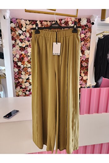 Kayra kadın keten haki geniş kesim pantolon