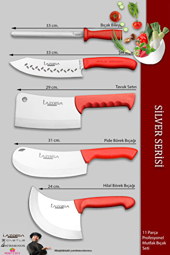 LAZBİSA Silver Pro Serisi Mutfak Bıçak Seti 11 Parça Et Ekmek Sebze Börek Şef Bıçağı Masatı Satırı (MFP-784)