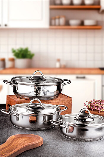 Snippy Mango Kitchen - Silver 6-Piece Stainless Steel Saucepan Set (16-18-20 cm) 18/10 Stainless Steel