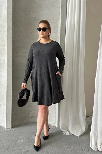 Stil Diva Plus Size Long Sleeve Crew Neck Pocket Ribbed Dress 304008