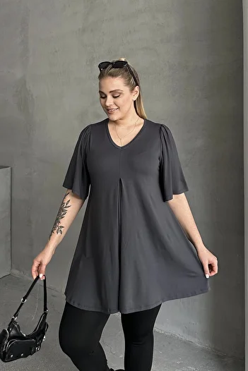 Stil Diva Plus Size V-Neck Patternless Asymmetrical Cutout Lycra Blouse Mdl-3
