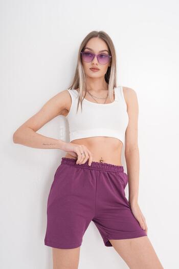 ŞİMAL Women's Rubber Waist Detailed Combed Cotton Shorts 250058   -