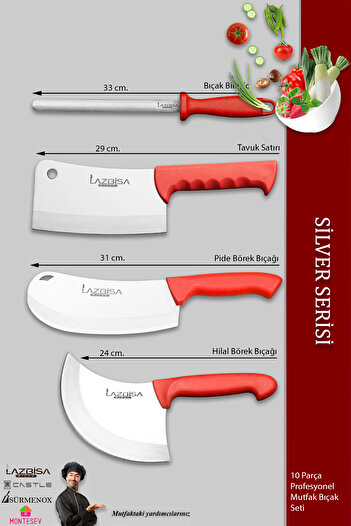 LAZBİSA Silver Pro Serisi Mutfak Bıçak Seti 10 Parça Et Ekmek Sebze Soğan Börek Bıçağı Satırı (MFP-001)