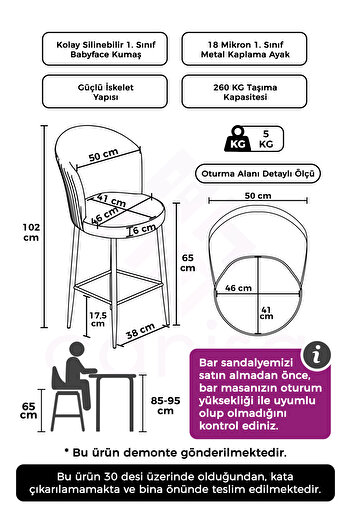 Canisa Alte Serisi 1 Adet Babyface Kumaş 65 cm Krom Kaplama Ayaklı Su Yeşili Bar Sandalyesi