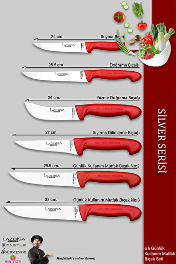 LAZBİSA Silver Serisi Mutfak Bıçak Seti Et Ekmek Sebze Bıçağı 6 Lı Set Günlük Kullanım ( Mtf-202)