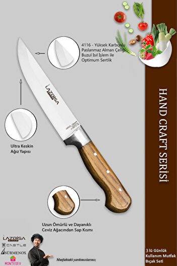 LAZBİSA Hand Craft Pro Serisi Mutfak Bıçak Seti 9 Parça Et Ekmek Sebze Salata Börek Pide Bıçağı (MFP-749)