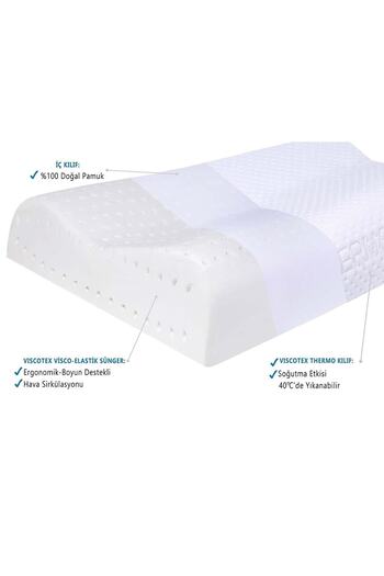 VİSCOTEX Çift Boyun Destekli Ortopedik Visco Yastık, 60x40x11/9 Cm Beyaz