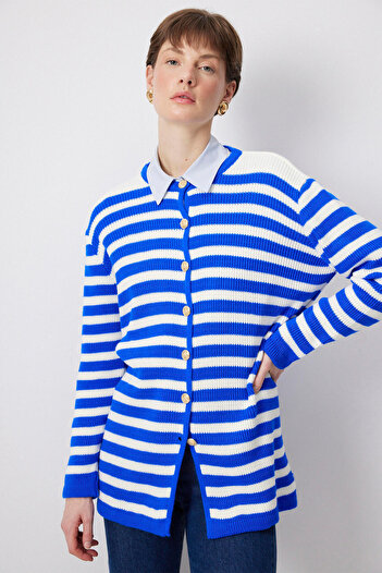 Touché Privé Gold Buttoned Striped Long Cardigan
