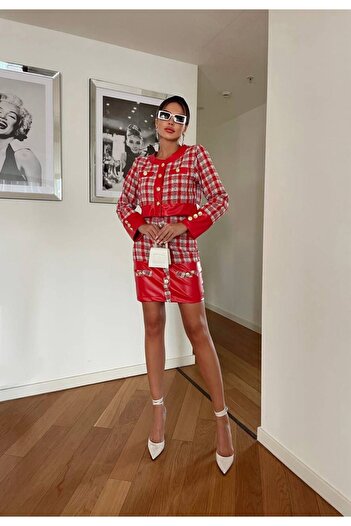 1Moda1Tarz Kadın İthal Deri&Tüvit Kumaş Düğmeli Kareli Astarlı Özel Tasarım Alt-Üst Takım