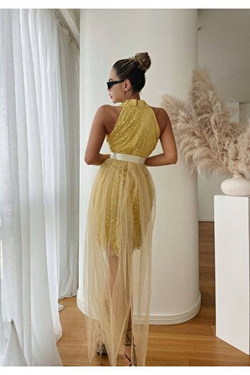 1Moda1Tarz Kadın İthal Kumaştan Nakış Desenli Tül Detaylı Kuşaklı Astarlı Özel Tasarım Elbise