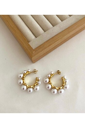 El Major Elegant Hoop Earrings with Steel Row Pearls