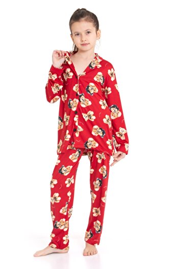 ARBİ kids Female Child Red Teddy Bear Print Button Pajamas Set