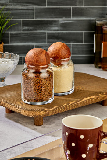Milenay Rustic Kitchen Elegance - Set of 2 Glass Jars, 500ml Volume, Wooden Ball Lids