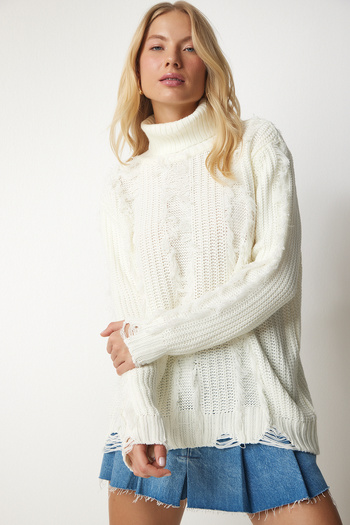 Lovelyİstanbul Knitwear Sweater - Tassel and Ripped Detail, Bone Color Lki0008