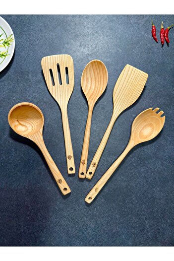 Handcraft 5 Piece Handmade Oiled Antique Plane Tree Wooden Spoon & Spatula Wooden Kitchen Set