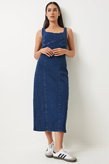 Lovelyİstanbul Rochie midi din denim cu bretele albastre - Lok0001