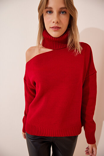 Lovelyİstanbul Turtleneck Red Knitwear Sweater - Cut Out Detailed Lpn0002