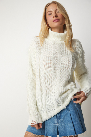 Lovelyİstanbul Knitwear Sweater - Tassel and Ripped Detail, Bone Color Lki0008