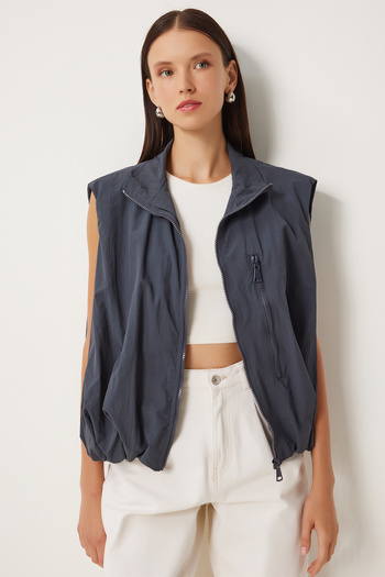Lovelyİstanbul Stand Collar Elastic Waist Vest Smoked Lrg0008