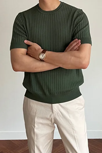 COOL TARZ Men's Khaki Ribbed Slim Fit Crew Neck Knitwear T-Shirt