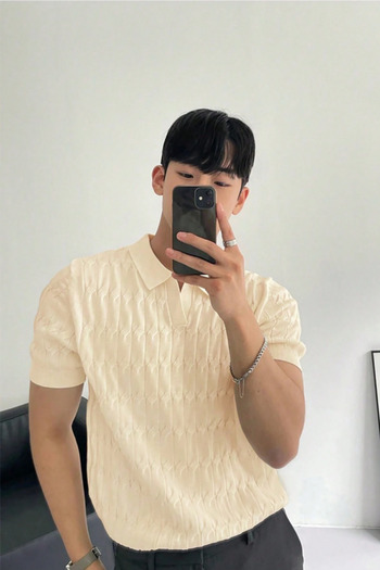 COOL TARZ Men's Stone Thin Hair Braided Slim Fit Polo Neck Knitwear T-Shirt