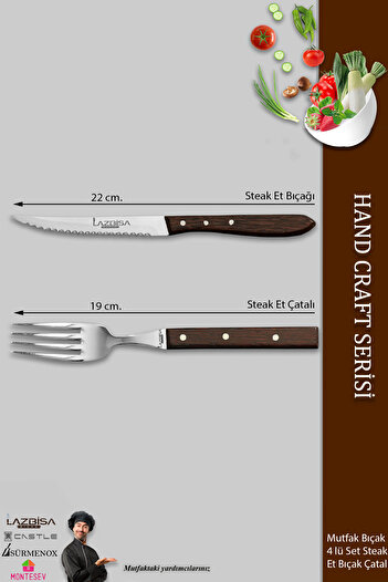 LAZBİSA Hand Caft Serisi Steak Et Yemek Kahvaltı Çatalı 4 Lü Set Mutfak Bıçak Seti ( Mtf-063 )