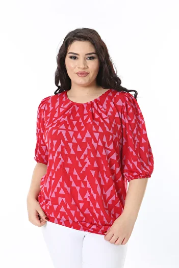 Şans Women's Plus Size Color Collar Pleated Sleeve Mouth Elastic Blouse 65N38756