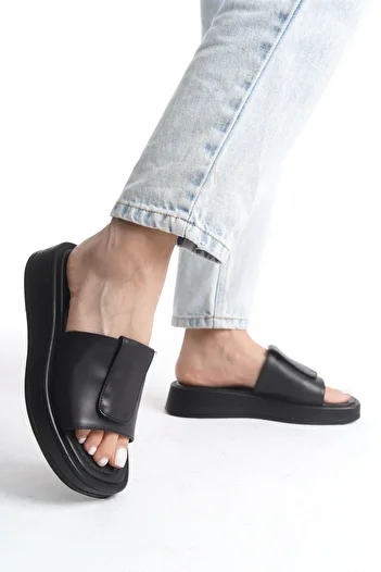 Limeo High Side Buckle Cross Strap Leather Summer Women's Wedge Sole Black Slippers Sandals Shoes