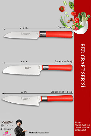 LAZBİSA Red Craft Serisi Mutfak Bıçak Seti Et Ekmek Şef Sebze Börek Bıçağı 3 Lü Set (MFT-8476)