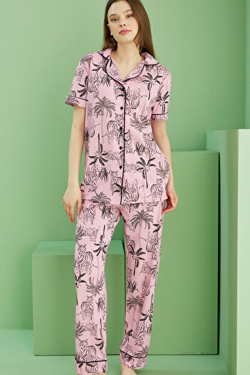 Siyah İnci Pink Tiger Print Short Sleeve Button Ribbed Pajamas Suit7817