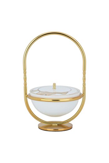 ALSAIF Porcelain Date 14 X 14 X 24.5 Cm Engraved With Lid Golden Stand White