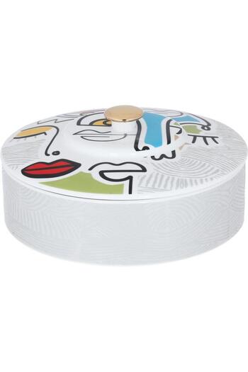 ALSAIF Saheel Porcelain Serving Tray 18 X 18 X 7.6 Cm Round With Lid Medium Gemini Pattern White