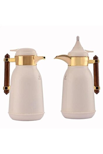 ALSAIF Shahd Thermos Set Of Stainless Steel Two Pieces Wooden Handle Off White