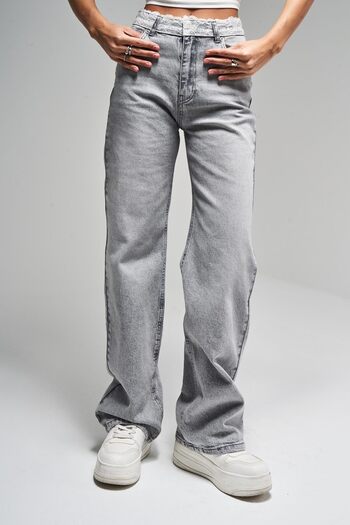its basic Women's High Waist Lace Jeans - Gray, Straight Fit, 100% Cotton Denim