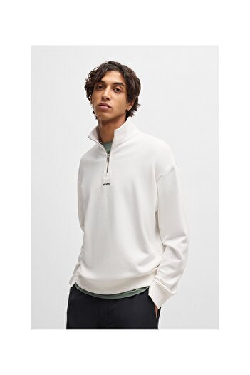 HUGO Logo baskılı pamuklu havlu kumaştan yakası fermuarlı sweatshirt