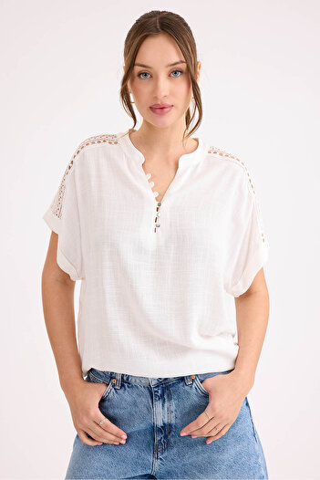 Vitrin Viscose Linen Blouse with Laced Shoulder