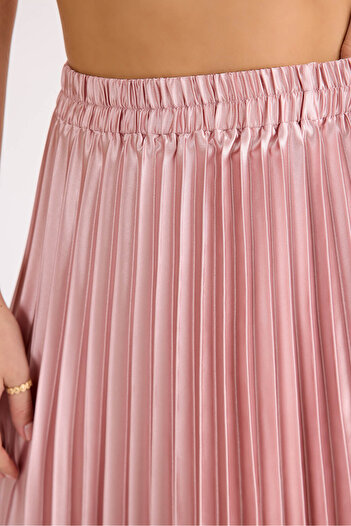 Vitrin Pleated Midi Satin Skirt with Elastic Waist