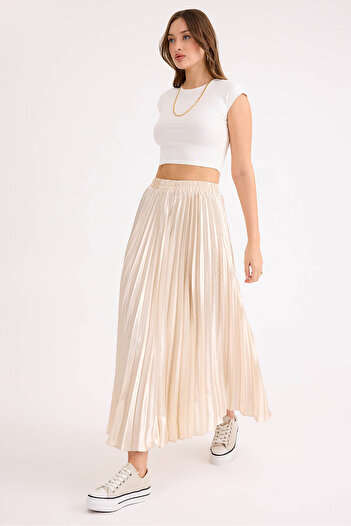 Vitrin Pleated Midi Satin Skirt with Elastic Waist