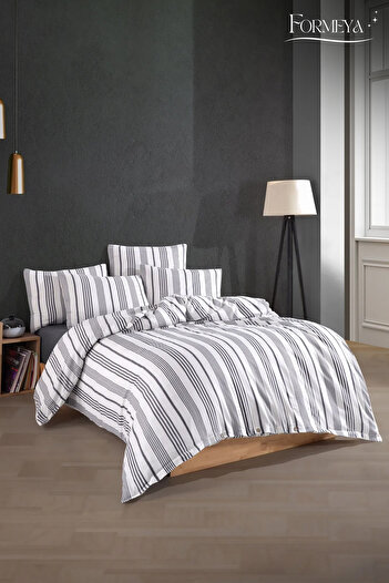 Formeya Striped Buttoned Double Duvet Cover Set (Including Fitted Sheet) Modern Cotton Comfort